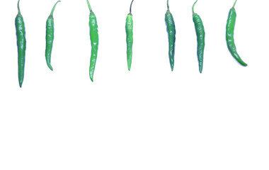 Green chilies border isolated on white background.