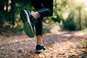 Female person running in the nature in autumn - obrazy, fototapety, plakaty