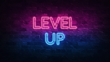 Level Up neon sign. purple and blue glow. neon text. Brick wall lit by neon lamps. Night lighting on the wall. 3d illustration. Trendy Design. light banner, bright advertisement