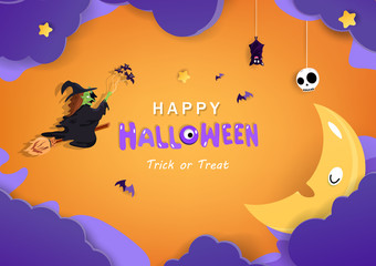 Happy Halloween good night, witch cartoon, bedtime dreaming concept greeting card, invitation poster vector background illustration