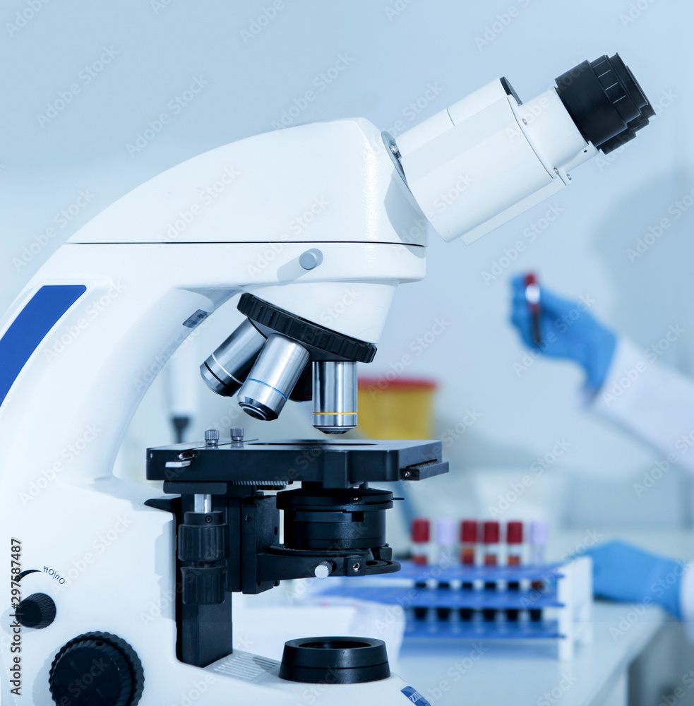 Aufkleber close up of scientist microscope ready for examining samples