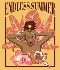 Endless summer. Vector hand drawn  illustration of African American with palm leaves and flowers. Creative artwork. Template for card, poster, banner, print for t-shirt, pin, badge, patch.
