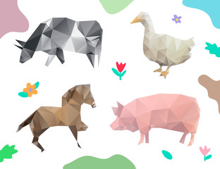 Set of farm animals trianle style sketch. Polygonal design backgrounds. 