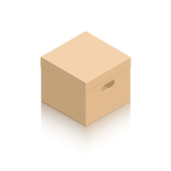 Layout of a miniature closed cardboard box and carved handles. Object on a white background with a mirror shadow for icons, advertising, website content. Isometric style.