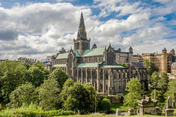 Glasgow Cathedral and Skyline from Glasgow Necropolis Scotland, United Kingdom in summer.