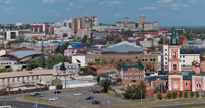Timelapse of the city Barnaul view of the city and church, Altai, Russia.