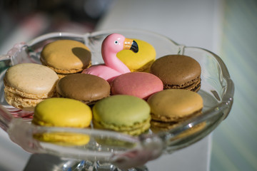 Flamingo toy between macarons of different colors on the glass stand for sweets