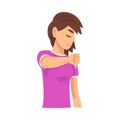 Girl holds fist finger down, dislike cartoon vector illustration