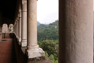 White marble walkway with columns in the Malaspina castle in Massa.