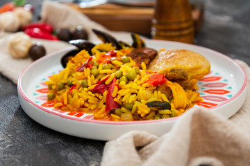 Prawn with rice - closeup of prawn with rice - traditionnal spanish food paella