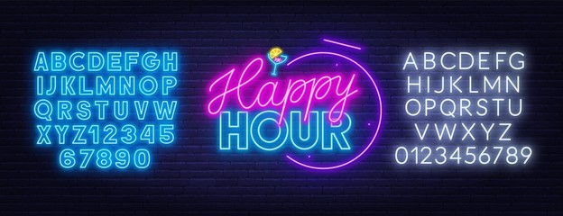 Happy hour neon sign on dark background. Vector illustration.