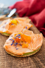 Asparagus salmon tartlets chiffonade, pickled vegetables, creamy creamy
