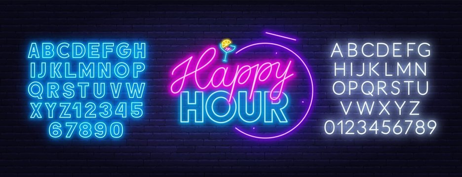 Happy hour neon sign on dark background. Vector illustration.