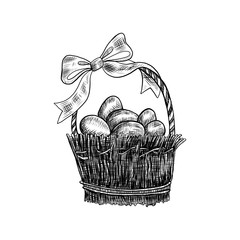 Decorative wicker basket with festive eggs and bow hand drawn vintage symbol of Happy Easter, vector ink sketch illustration isolated on white, retro village element for design greeting card, invite