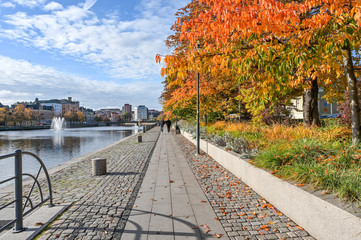 Motala stream in Norrkoping during fall. Norrkoping is a historic industrial town in Sweden.