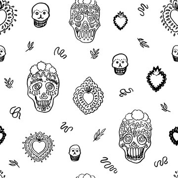 Seamless vector day of the dead line art doodle pattern with burning heart, shugar scull and florals. Funny and happy design for your perfect party.