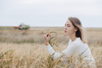Beautiful young girl in a white sweater sits in a wheat field and holds ears of wheat in his hand. Woman in a field against a blurry background of combines.