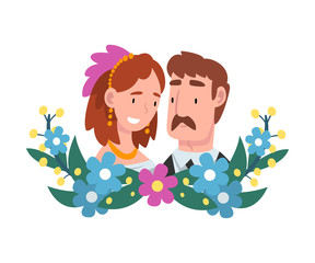 Portrait of bride and groom standing behind a wreath cartoon vector illustration