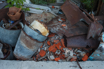 Backyard with building rubbish. Rural courtyard