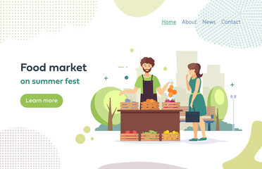 Food farmer market on summer fest, food street fair family festival. Cart of the street market with products. Seller selling girl vegetables produce fresh vegetables, fruits from the counter vector