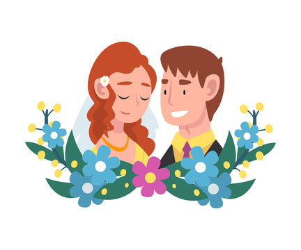 Portrait of bride and groom standing behind a wreath cartoon vector illustration
