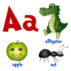 Vector cute kids cartoon alphabet. Letter A with alligator, apple and ant.