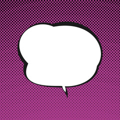 Speech Bubble on Purple Pop Art Background with Black Dots , Conversation on Halftone Retro Style Background, Vector Illustration