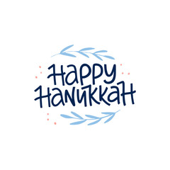 Happy Hanukkah hand drawn lettering celebration typography wiht branches. Jewish holiday. Festive design