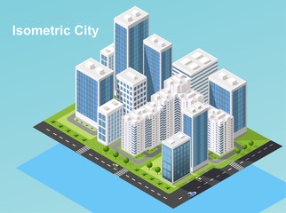 Isometric urban megalopolis top view of the city infrastructure town, street, houses, architecture 3d elements different buildings