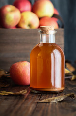 Apple cider vinegar with the mother, yeast and healthy bacteria, surrounded by fresh apples. Apple...