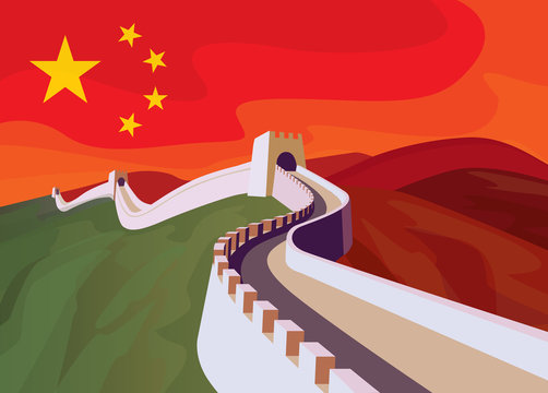 The great Wall of China with chinese flag in the sky. China politics illustration concept.