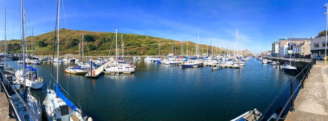 Panorama of Peel Harbour and yacht marina, Isle of Man, british Isles