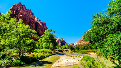 Jacob Peak on the left, one of the three peaks in the Court of the Patriarchs, and the Virgin River...