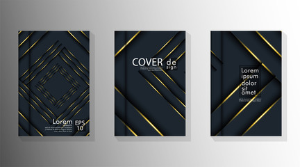 Background design of abstract dark and golden geometry line flyer. Cover book vector gradient template