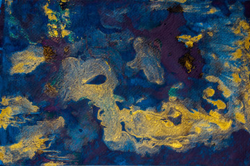 Abstract marble fluid art mix gold oil paint and ocean blue acrylic paint on paper background