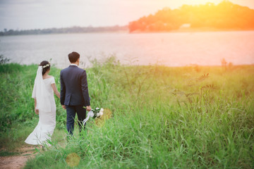 Couples in romantic wedding dresses are enjoying a stroll through the beautiful sunset with a green grass background.