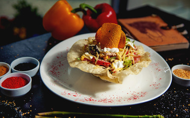 vegetable salad in crispy flatbread bowl