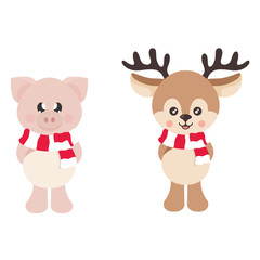cartoon cute deer with scarf and winter pig vector