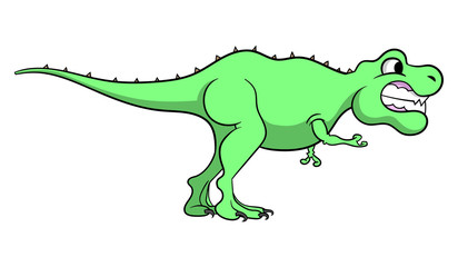 Cartoon style illustration of a T-Rex dinosaur walking and grinning - side view