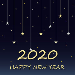 Fototapeta na wymiar Happy New Year 2020 concept with golden numbers and the inscription on a dark blue gradient background with stars.