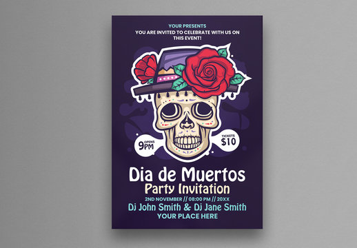 D&iacute;a De Muertos Illustrative Flyer Layout with Skull and Roses