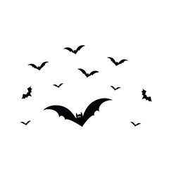 Black bats swarm isolated on white vector Halloween background. Silhouettes of flying bats traditional Halloween symbols on white.