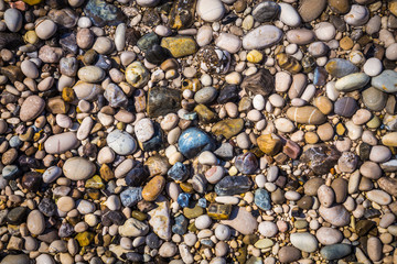 Sea pebbles. Small color wet stones gravel texture background.