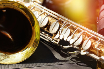 A closeup golden saxophone