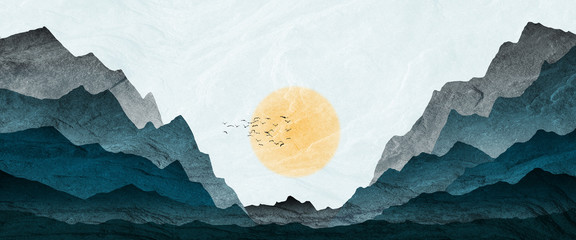 Textured mountain landscape illustration, with setting sun and mist in valley. © mickblakey