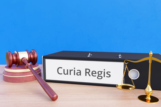 Curia Regis &ndash; Folder with labeling, gavel and libra &ndash; law, judgement, lawyer