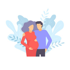 Pregnant wife and her husband. Pregnant couple. Young happy couple hugging vector