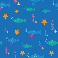 Fototapeta na wymiar Vector cute ocean life colorful seamless repeat pattern with starfish, fishes swimming and coral and shell on blue background