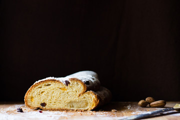 Typical Christmas sweets: Stollen, German Christmas bread.  Christmas concept.