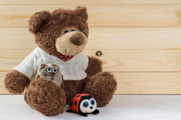 toys, brown teddy bear, ladybug and owl are sitting on a white wooden table against the background of wooden boards